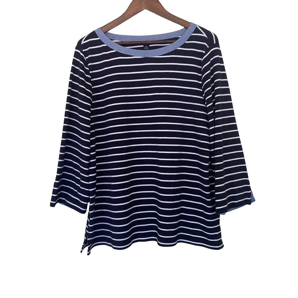 Nautica Striped Women Top XXL Navy Blue White 3/4 Sleeve Cotton Nautical Preppy